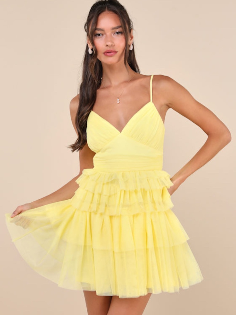 Lulus Special Poise Yellow Tulle Pleated Sleeveless Tiered Mini Dress - Size S
